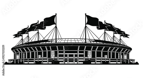 A striking black and white illustration depicts a stadium with waving flags presented as a silhouette high quality