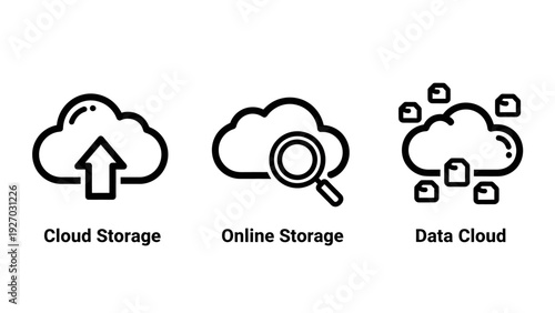 Clear line art icons for cloud storage, online storage, and data cloud, representing digital data management and accessibility on the internet.
