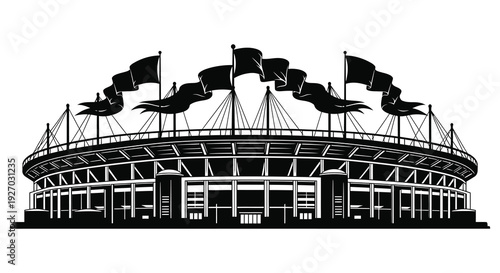 A striking black and white illustration depicts a stadium with waving flags presented as a silhouette high quality