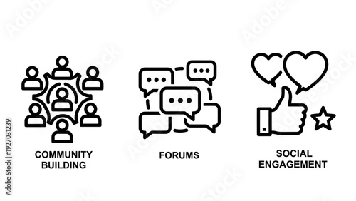 Icons illustrating community building, online forums, and social engagement with likes and hearts, signifying connection and interaction.