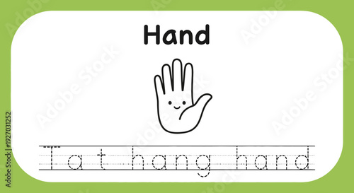 Handwriting practice sheet with hand illustration