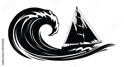 A dramatic black and white illustration depicts a sailing ship battling a large wave a striking silhouette