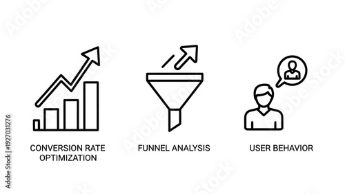 Icons for conversion rate optimization, funnel analysis, and user behavior, representing marketing, sales, and website performance metrics.