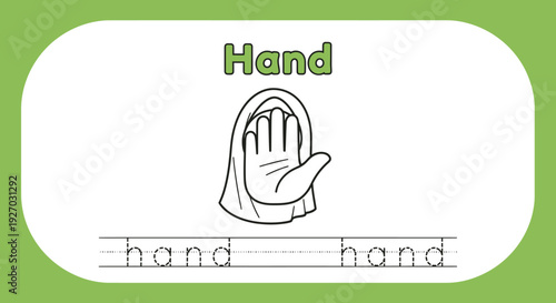 Handwriting practice worksheet with hand illustration