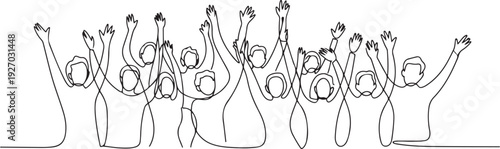 Cheerful crowd cheering continuous one line drawing. Hands up. Group of applause people. one line Icon drawing