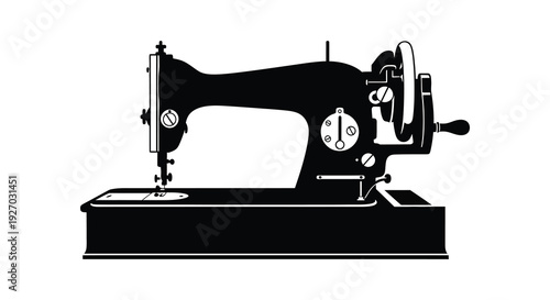 A striking black and white depiction of a vintage sewing machine rendered as a silhouette high quality professional