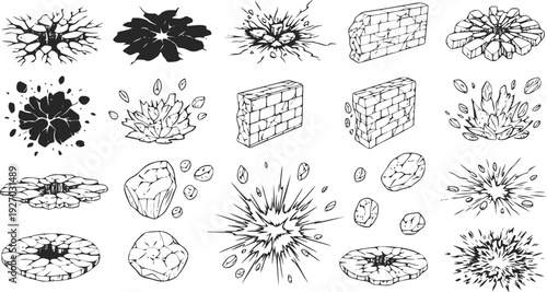 A Collection of Hand Drawn Vector Illustrations of Explosions Rocks and Cracked Ground Elements for Games and Design