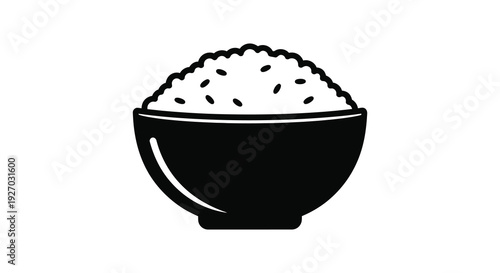 A simple black and white illustration depicts a bowl filled with rice grains a stark silhouette high quality