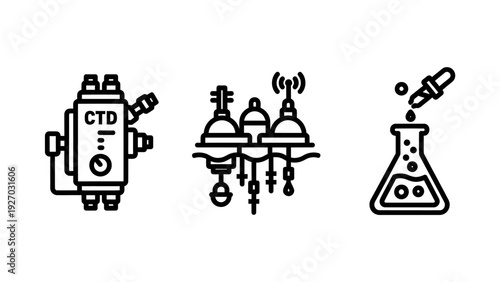 Scientific icons for laboratory equipment and oceanographic research, featuring a CTD profiler, buoys with sensors, and a dropper with a flask.