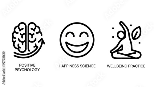 Icons representing positive psychology, happiness, and wellbeing, including brain growth, smiling faces, and yoga poses.