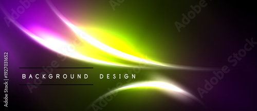 Abstract vibrant design features flowing light curves. Dark background emphasizes bright yellow, purple, green gradients. Modern aesthetic.