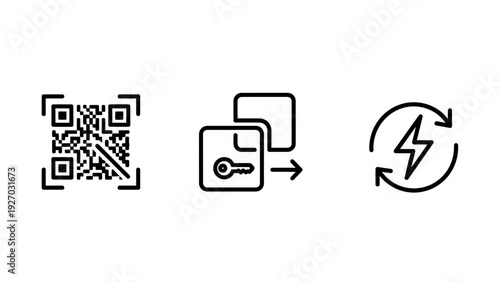 QR code scan, key icon with arrow, and refresh lightning bolt symbol - modern technology and data icons