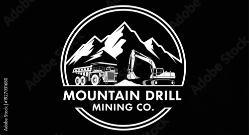 Mountain Drill Mining Company Logo Depicting Mountains and Heavy Machinery.