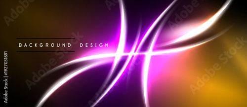Abstract design features vibrant neon lines, gradients. Warm colors blend with purple, creating dynamic visual effect. Modern, stylish background.