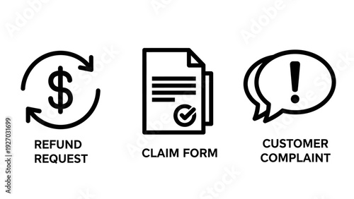 Collection of three finance and customer service icons: dollar refund, claim form, and exclamation speech bubble.