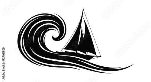 A striking black silhouette depicts a sailboat navigating a swirling wave creating a dynamic seascape silhouette high quality