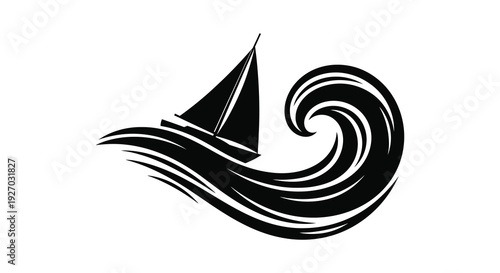 A striking black and white depiction of a sailboat navigating swirling waves presented as a silhouette high quality