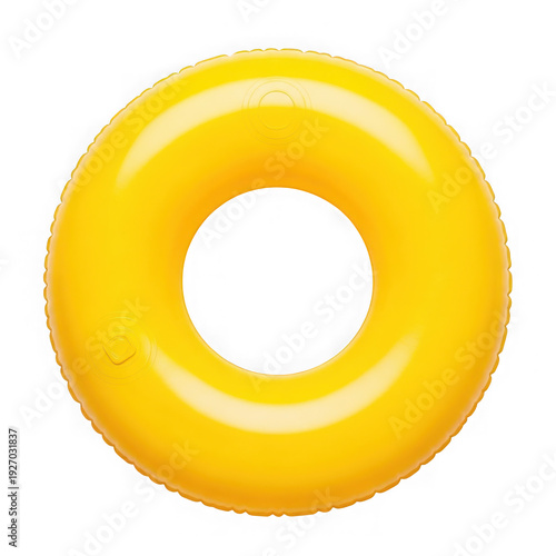 A bright yellow inflatable swim ring on a black background
