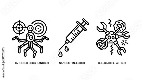 Set of three icons related to nanotechnology and medicine: a nanobot targeting cells, a syringe for nanobot injection, and a cellular repair bot. Futuristic concepts for healthcare and science innovat