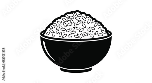 A black and white illustration depicts a bowl filled with rice presented as a silhouette high quality professional