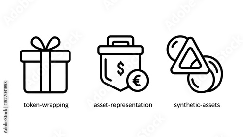 Icons representing financial concepts: a gift box for token wrapping, a shield with currency symbols for asset representation, and geometric shapes for synthetic assets. Modern finance and blockchain 