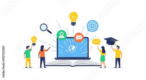Digital Education, E-Learning, and Knowledge Sharing Concept. Students collaborate around a laptop with innovation and global learning icons on an open book.
