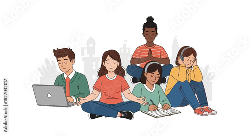 Mindfulness in the Modern World: Diverse Group Meditating, Studying, and Working with Focus. Vector Illustration for Mental Health.