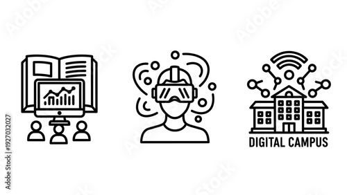 Digital Campus, VR Education, and Online Learning Icons: Representing Modern Educational Technology