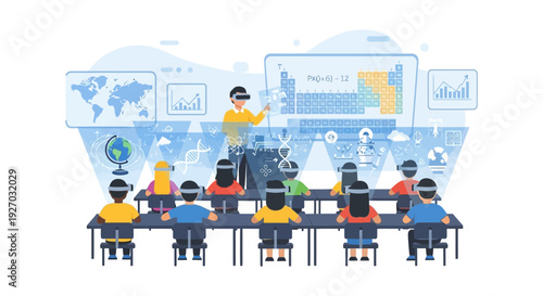 VR Education: Immersive Learning Classroom with Students and Teacher Wearing Virtual Reality Headsets for STEM and Digital Knowledge.