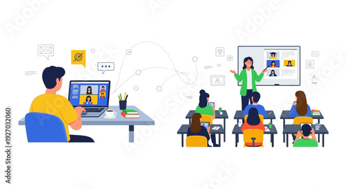 Hybrid Learning and Remote Education Concept. Teacher lecturing physical class while video conferencing with online students.