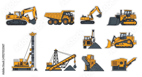 Heavy construction equipment collection showcasing various industrial machines in action.
