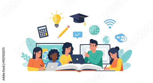 Collaborative E-Learning Group Study. Diverse Students and Teacher using Laptops for Digital Education, surrounded by Academic and Technology Icons (Lightbulb, Cap, Wi-Fi).
