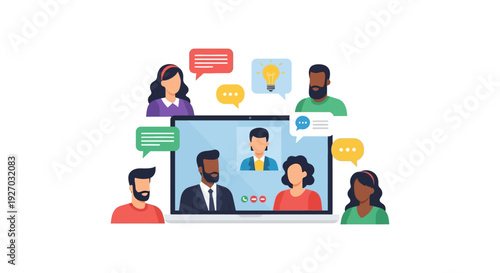 Diverse Virtual Team Meeting via Video Conference on Laptop. Remote Work Collaboration, Online Business Communication and Idea Exchange Illustration.