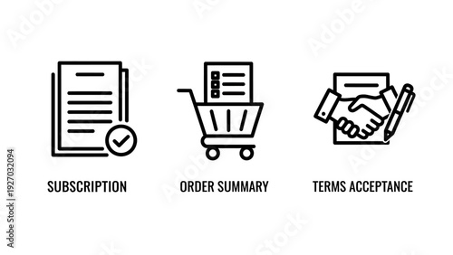 Line art icons for subscription, order summary, and terms acceptance, perfect for e-commerce and legal agreements.