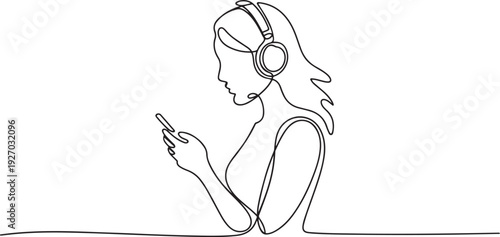 continuous line drawing of woman holding phone listening music in headphones. one line Icon drawing