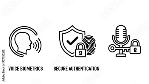 Security and Authentication Icons: Voice Biometrics, Secure Fingerprint Scan, and Microphone Key Access