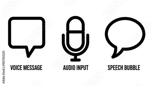 Communication Icons: Speech Bubble, Microphone Audio Input, and Voice Message for Digital Interaction