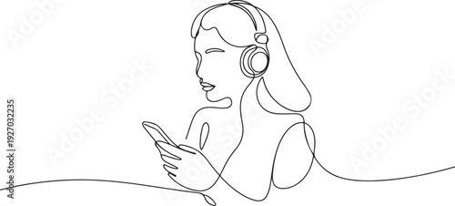continuous line drawing of woman holding phone listening music in headphones. one line Icon drawing