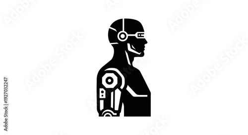 Futuristic cyborg silhouette with robotic arm, profile view, sci-fi concept