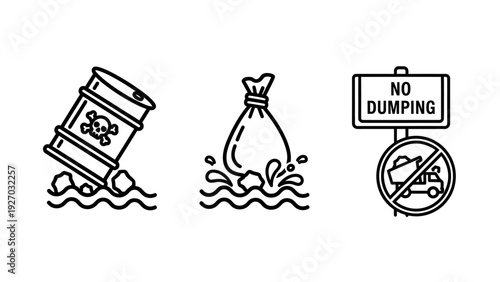 Pollution Icons: Hazardous Waste Barrel, Trash Bag in Water, and No Dumping Sign