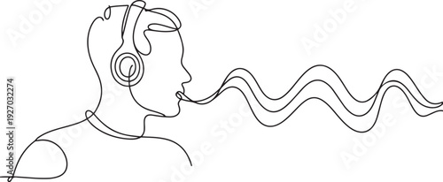 continuous line drawing of man listening music in headphones wuth sound wave. one line Icon drawing