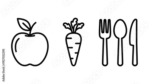 Healthy Eating Icons: Apple, Carrot, and Cutlery Set for Nutrition and Diet Concepts
