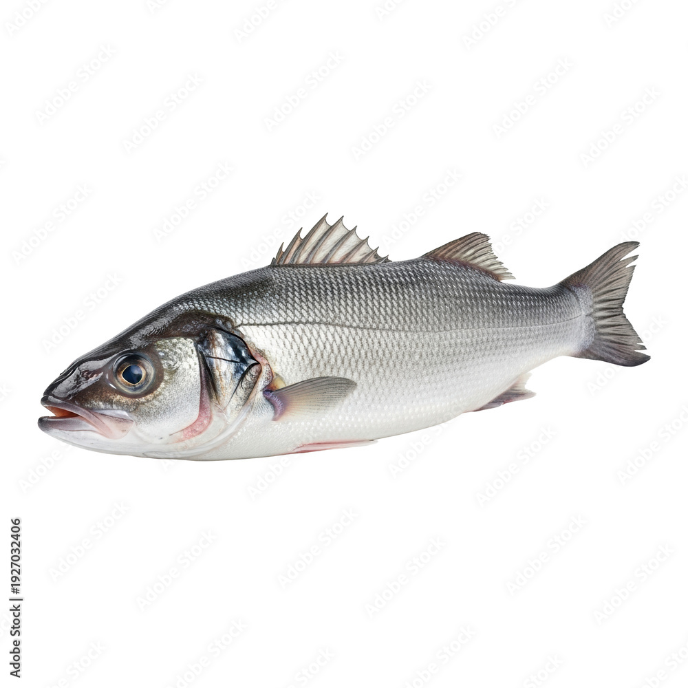 Fototapeta premium A whole, raw, plump european sea bass with iridescent silver scales and clear eyes, lying on a pristine seamless transparent background with a soft shadow, concept of fresh premium seafood cuisine