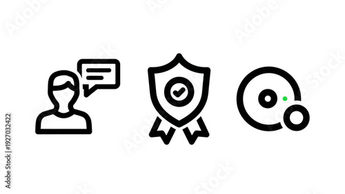 Icons representing feedback, a quality badge, and a digital disc or CD, symbolizing customer service and data archiving.