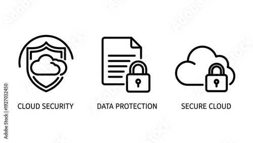 Secure cloud data protection icons: network security, document privacy, and safe cloud storage.