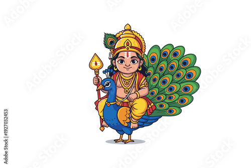 Cute Bala Murugan with Tripundra and Peacock – Colorful 2D Flat Vector Illustration