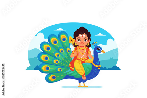 Cute Bala Murugan with Tripundra and Peacock – Colorful 2D Flat Vector Illustration