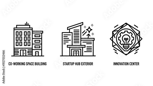 Modern business and innovation icons: co-working spaces, startup hubs, and creative innovation centers.
