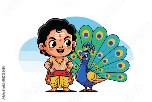 Cute Bala Murugan with Tripundra and Peacock – Colorful 2D Flat Vector Illustration