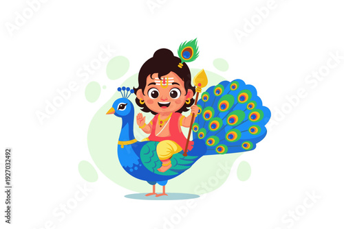 Cute Bala Murugan with Tripundra and Peacock – Colorful 2D Flat Vector Illustration